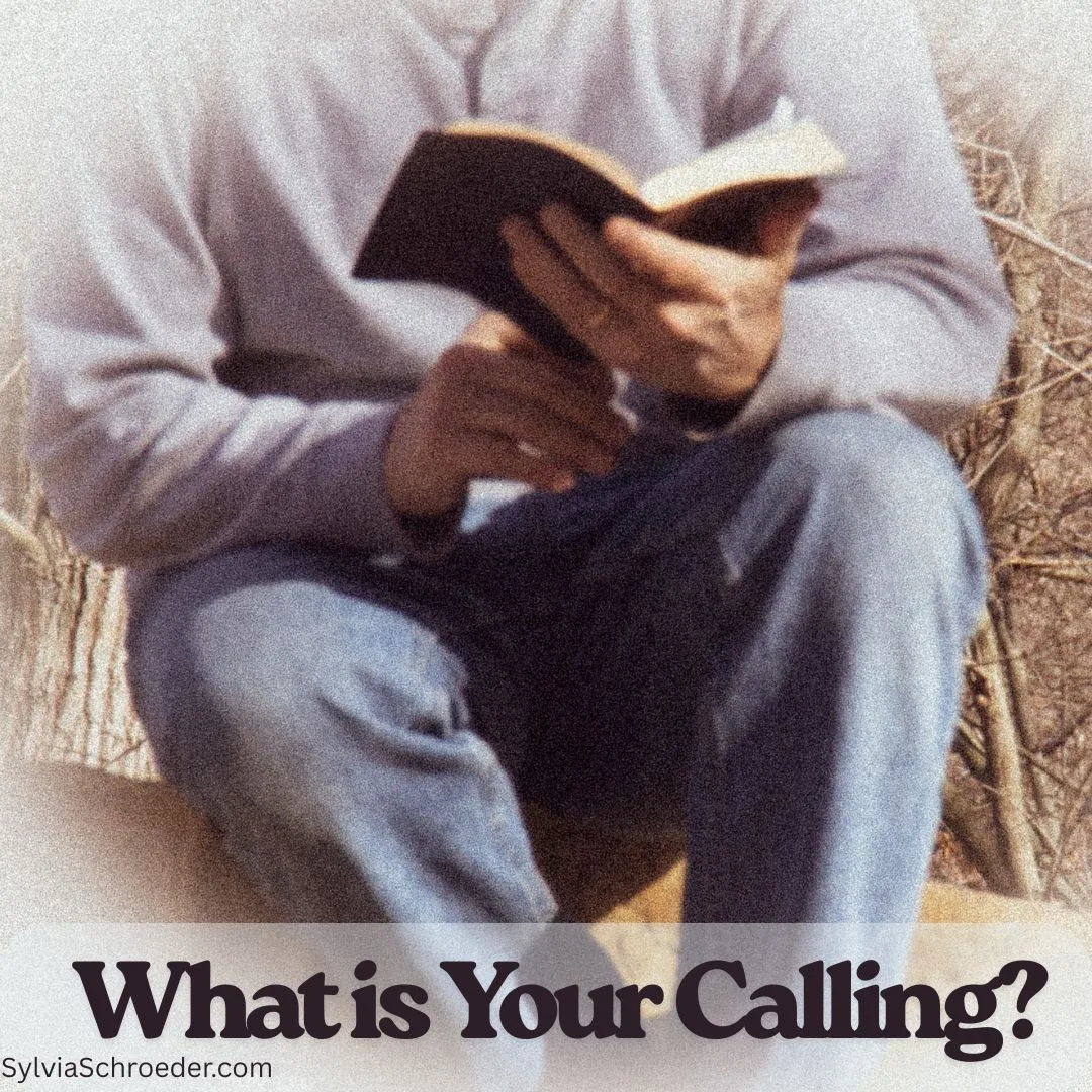 older man reading a Bible sitting on a log.